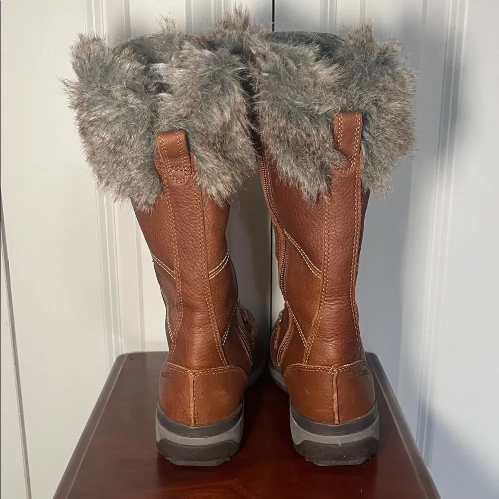 Merrell Snowcreek Polar Tall Oak Boots Quantum Grip Leather Faux Fur NWOB 7.5